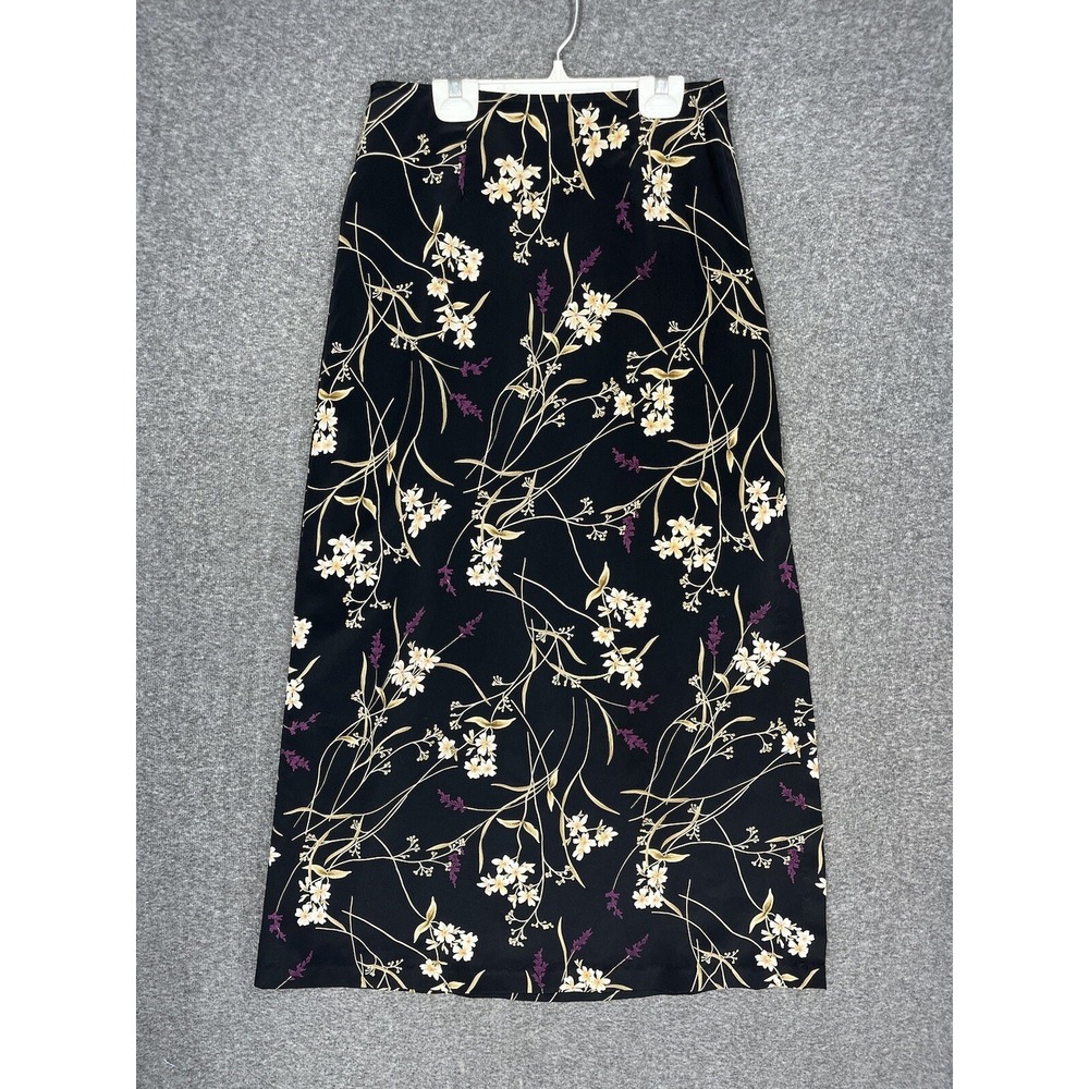 Vintage Giorgio Fiorlini Black Floral Maxi Skirt Women's 6 Side Slit 90s Grunge